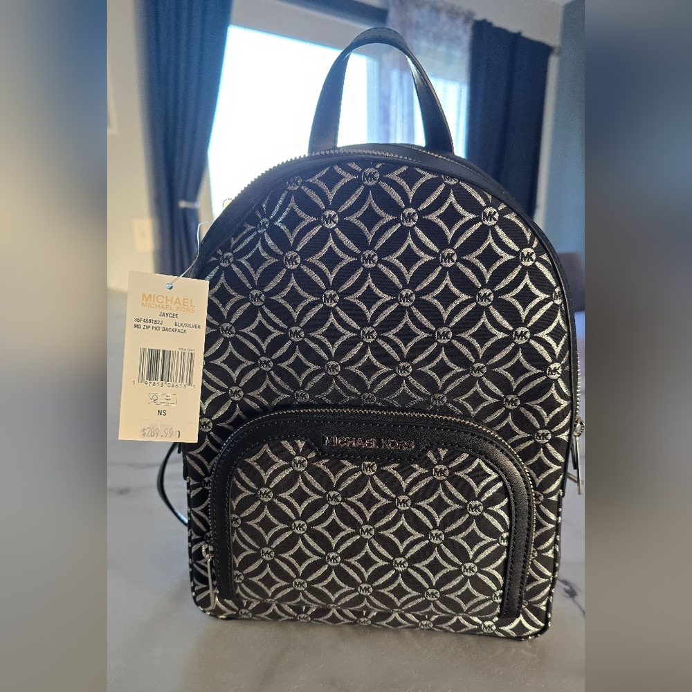 Michael Kors Black and Silver Patterned Medium Backpack
